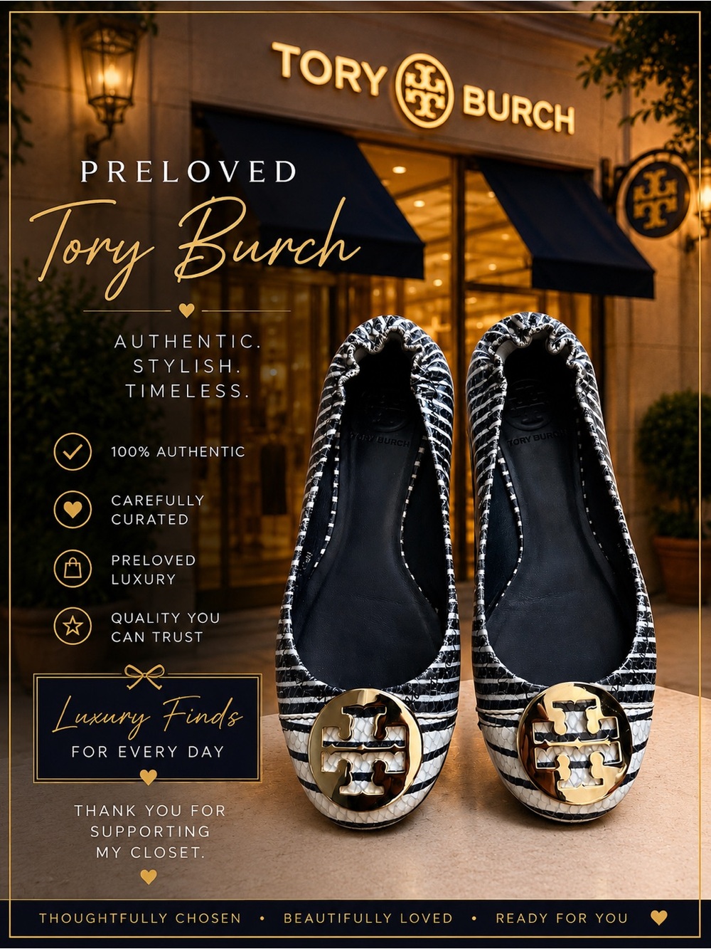 Tory Burch Snakeskin Navy and White Reva Flats with Gold Medallions🔥EUC